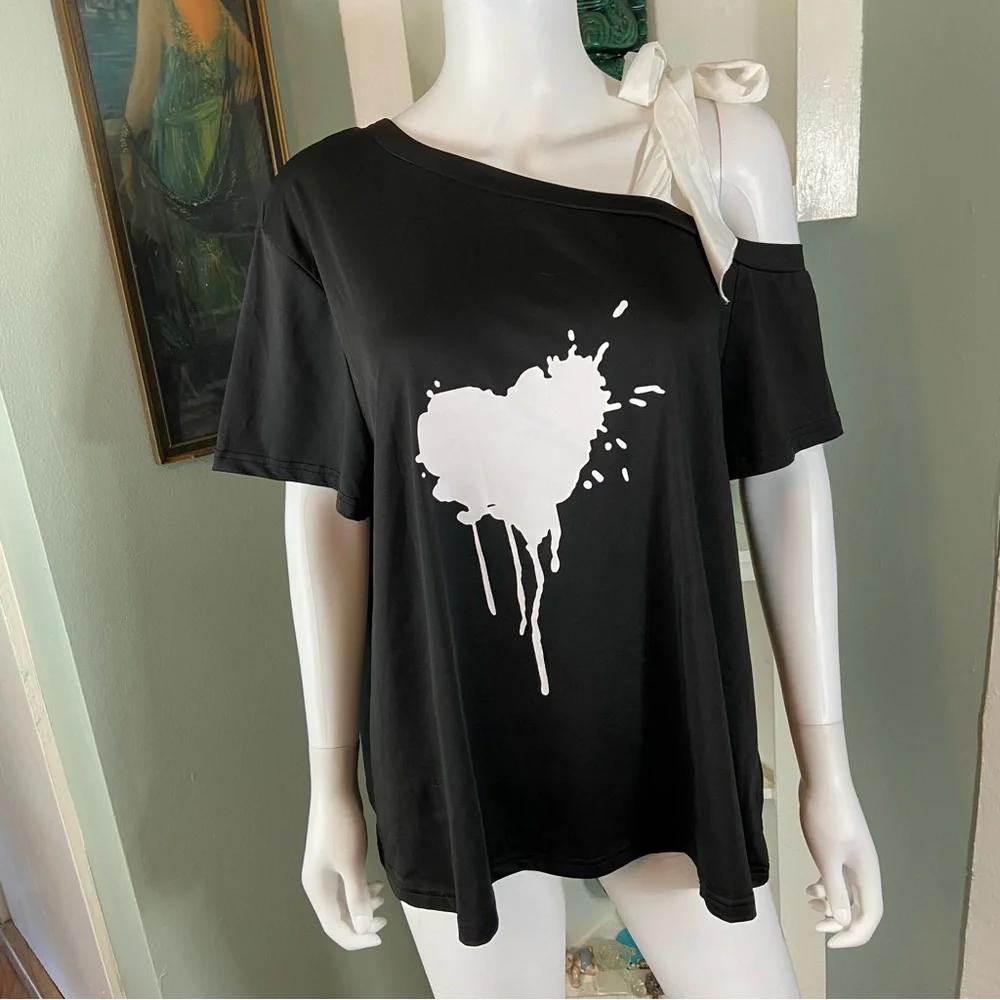 3/$12 Shein Curve Heart Splatter Off One Shoulder Bow Tie Tee T-Shirt Blouse Top - Picture 3 of 12